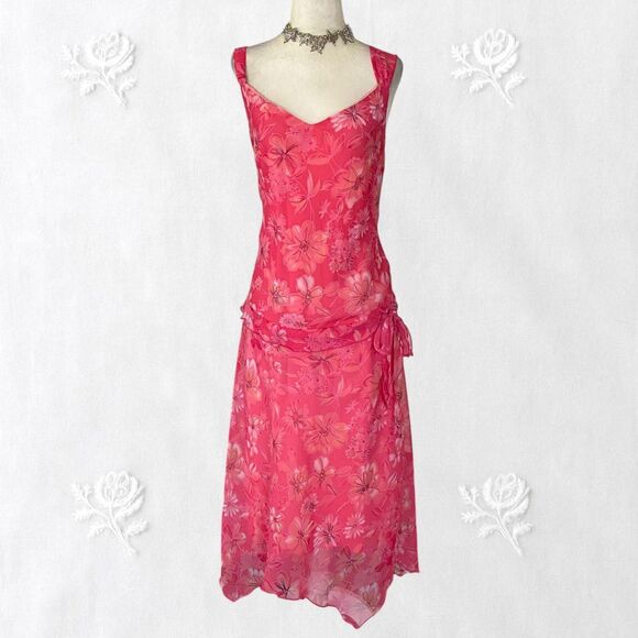 Dressbarn Early 2000's Frilly Cinched Pink Floral Asymmetric Midi Maxi Dress XL - Picture 1 of 6
